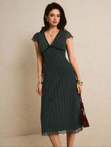 Women's Elegant Blue Floral Print Midi Dress With V-Neck And Lettuce Trim Detail - 黑色 - 查看 6