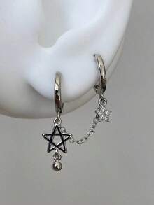 1pc Fashionable Tassel & Star Asymmetric Y2K Silver Tone Earring For Women - 銀色 - 查看 1
