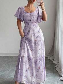 Women Chiffon Butterfly Print Batwing Sleeve Drawstring Sweet French Style Mini Dress, Summer - 綠色 - 查看 8