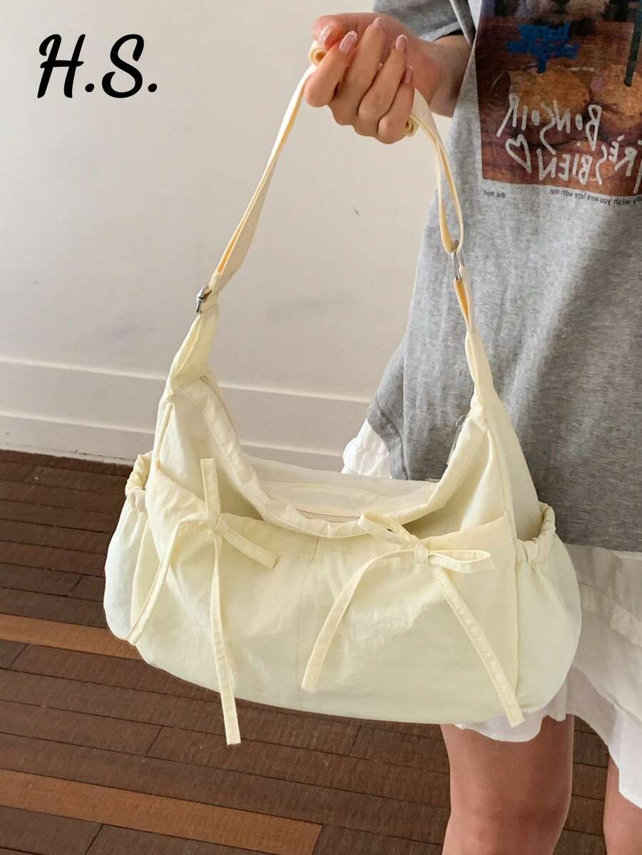 韩日风可爱蝴蝶结纯色布艺单肩包，休闲百搭，轻便可折叠，拉链封口，可调节肩带，适合学生/大学生，简约褶皱多口袋斜挎包，日常使用、购物、约会皆宜