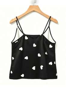 Plus Size Women's Sleepwear Top, Cute Heart Valentine's Day Couple Print Round Neck Camisole Spaghetti Strap Cold-Shoulder Backless, Spring/Summer 1pc - Black - View 3
