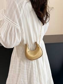 Gold Fish Scale Pattern Crescent Bag, Fashionable Chain Shoulder/Underarm Small Bag, Versatile Crossbody - Gold - View 6