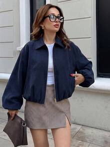 Women's Navy Blue Zip Pocket Jacket - Casual Loose Lapel Spring/Autumn Outerwear - Navy Blue - View 3