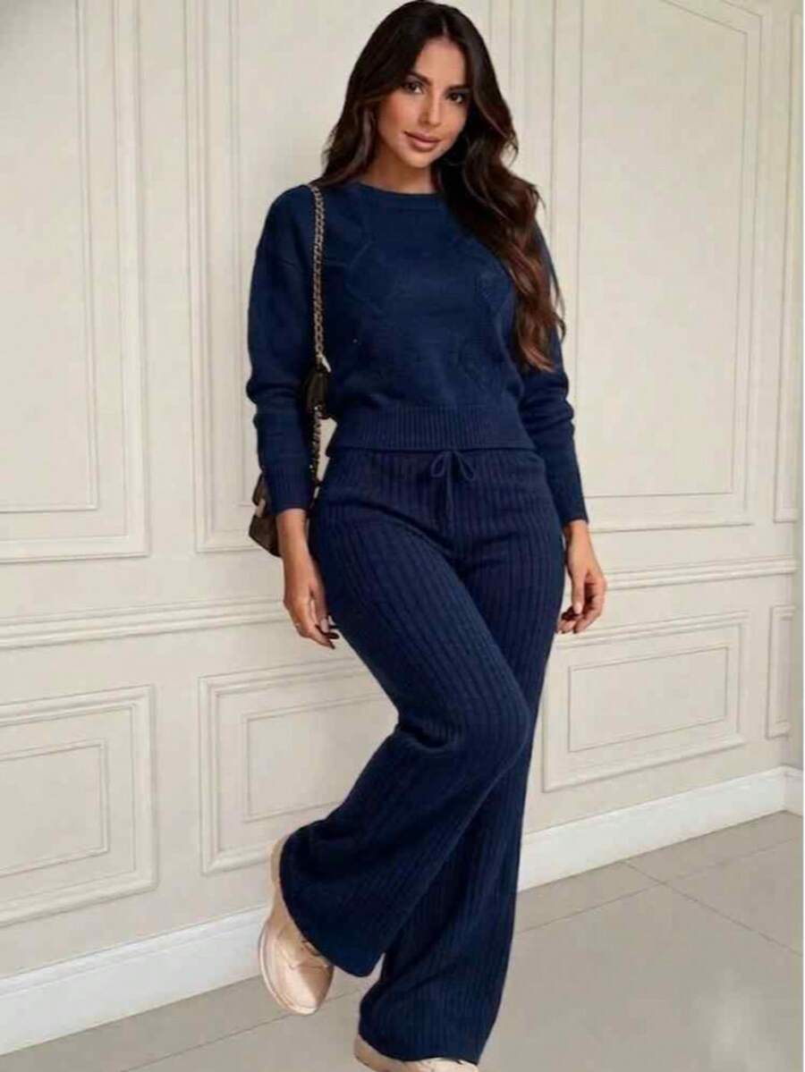 Women's Knitted Set: Blouse And Shaping Pants, Comfortable And Versatile For Everyday Wear - Navy Blue - View 1