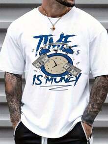 Camiseta unisex de manga corta con cuello redondo 100% algodón - 'El tiempo es dinero' camiseta básica gráfica para el verano, tops para hombres - Blanco - Ver 1