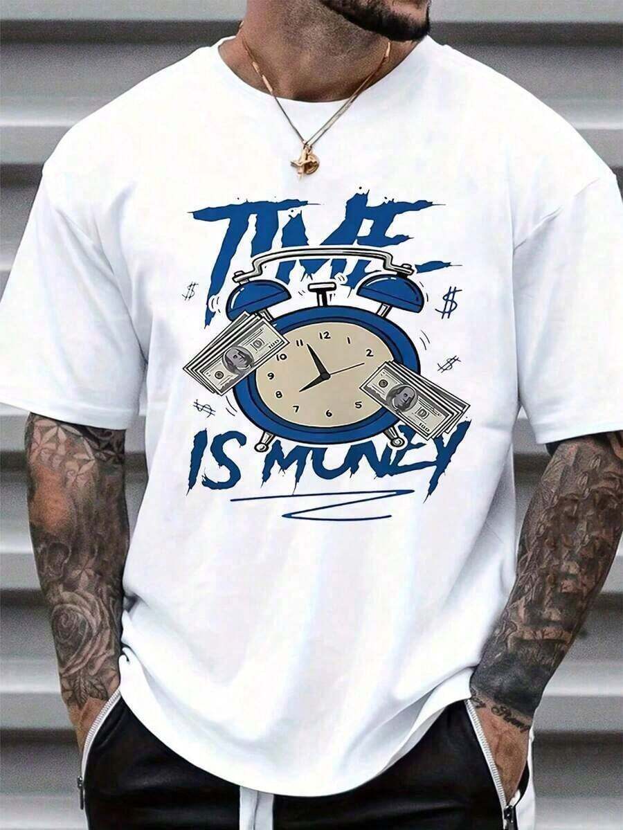 Camiseta unisex de manga corta con cuello redondo 100% algodón - 'El tiempo es dinero' camiseta básica gráfica para el verano, tops para hombres - Blanco - Ver 1