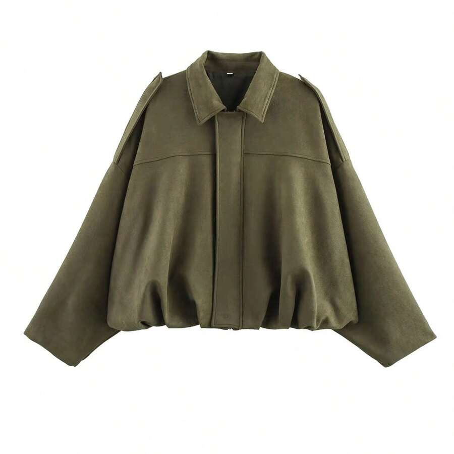 ZA's Popular New-Style Suede Textured Aviator Jacket. - 軍綠上衣 - 查看 1