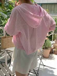 Kemeja Wanita Lengan Panjang Berkerudung Model Longgar Bergaris Kontras Warna dengan Kancing Tunggal, Kasual Musim Panas Gaya Korea Chic. - Baby Pink - View 5