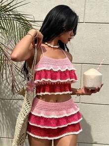 Women's Summer Vacation Sexy Pink Ombre Crochet Ruffled Halter Top And Mini Skirt Set - Multicolor - View 4