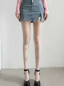 1 Pair Rainbow Diamond Rhinestone Tights - Available In Black, White, And Beige. High-Waisted Design To Prevent Slipping. Suitable For Wearing On Various Festive Occasions And Sharing On Social Media. - Multicolor - View 5