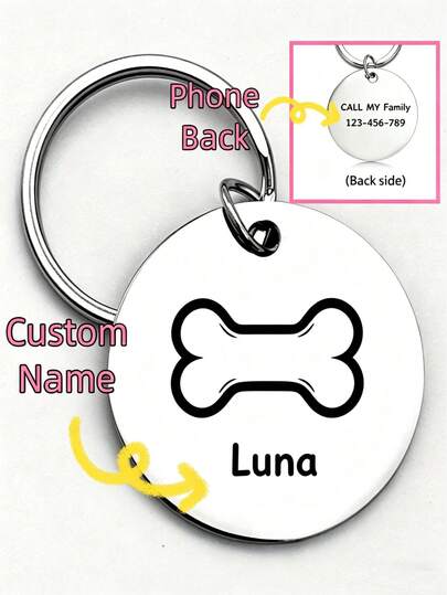 [Customized] Custom Dog Name Keychain With Key Ring Dog Tags, Personalized Engraved Pet ID Tags, Stainless Steel Custom Dog Tags For Pet Products Collars Customized Pet Accessories Include Dog Tags, Engraved Names And Contact Numbers To Prevent Pets From Losing Stainless Steel Information Tags And Pet Souvenirs