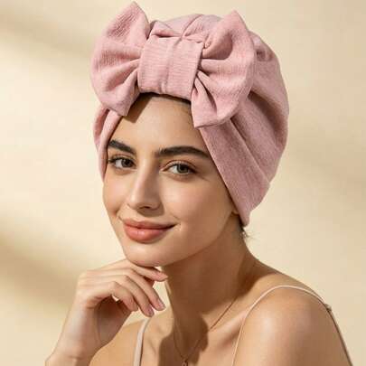 Awegeo Women's Turbans Solid Color Big Bow Decor Soft Breathable Casual Daily Turban Hat Comfortable Head Wrap For Daily Wear