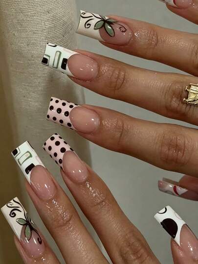 24pcs/Set Medium Length Y2K Chic Polka Dot & Floral Full Cover Press-On Nails, Includes Gel Polish And Nail File, Suitable For Girls/Women For Daily Wear, Outdoor Activities, Parties