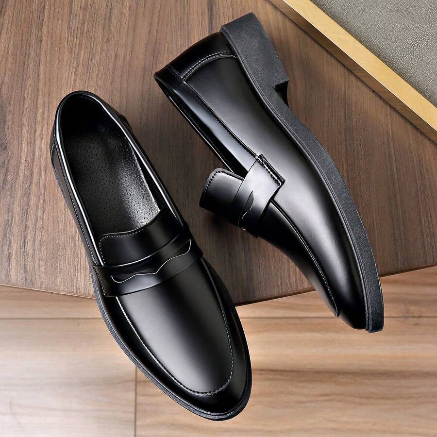 Men's Soft Leather Black Casual Slip-On Loafers, Pointed Toe Business Shoes