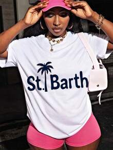 Women's Casual Loose Fit Short Sleeve T Shirt, St. Barth Palm Tree Graphic Print, Versatile Comfortable Breathable Anti Fade Tees, Suitable For All Body Types, Ideal For Daily Outfit And Sports, Perfect Gift Option For Ladies - 白色 - 查看 6