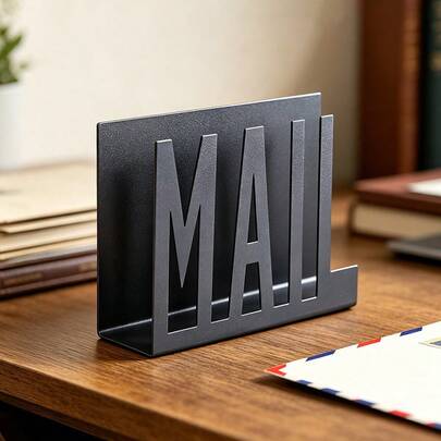 1pc Modern Black Metal Mail Organizer – Hollow Letter Design, Desktop Holder For Envelopes & Documents, Home Or Office Decor