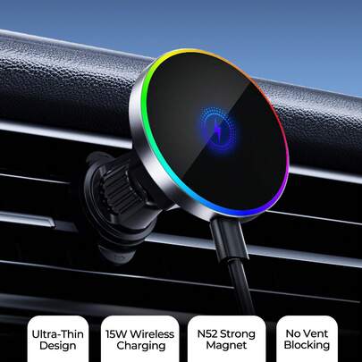 REMAX 15W Magnetic Wireless Charger, Ultra-Thin Air Vent Mount With N52 Strong Magnet, Front & Back RGB Lights, 360° Rotation, Zinc Alloy Cooling Back Cover, One-Hand Operation, Includes Metal Ring For All Phones, Car Accessories, Car Stuff, Car Essential, Type-C Charger, IPhone Charger
