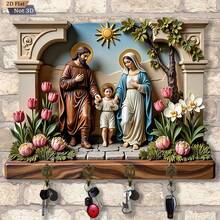 2D Flat Religious Art Key Holder, 1pc Wooden Multi-Function Home Key Rack With 4 Metal Hooks, Wall Mount Organizer, Entryway Decor, Living Room Decor, Bedroom Decor, Kitchen Storage Solution, Modern Geometric Design Key Hanger, Functional Home Accessories, Rustic Wooden Key Display Rack, Metal Hook Storage Organizer, Decorative Wall Hanging Key Keeper, Space-Saving Entryway Organization, Stylish Home Storage Rack, Versatile Wall-Mounted Key Organizer, Contemporary Home Decor Accessory - Multicolor - View 4