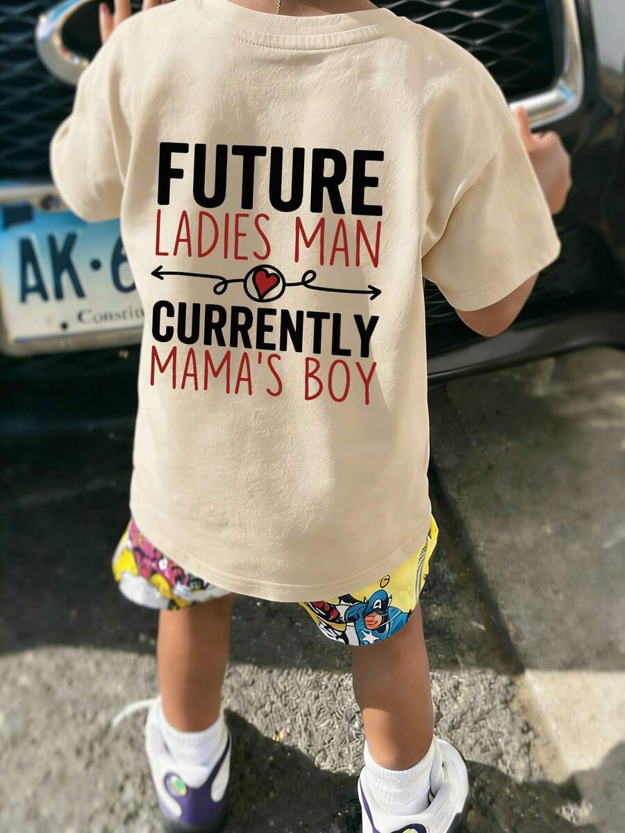 Young Boy Casual Graphic Print Crew Neck Short Sleeve T-Shirt, Summer Top - Apricot - View 1