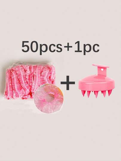 50pcs Disposable Shower Caps + 1pc Scalp Massager Shampoo Brush, 2-In-1 Hair Care Set