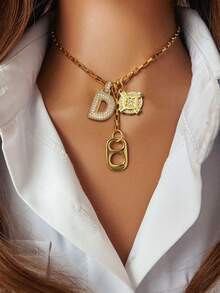 1pc Women's Pendant Necklace With 26 Alphabet Charms, Octagon Compass Charm And Soda Can Charm, Paired With Short Chain. Showcases Personalized, Stylish Design, Suitable For Daily Wear Or As A Gift - Gold - View 4