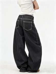 1pc Japanese Street Style Women's Patchwork Embroidered Multi-Pocket Curved Leg Loose Wide Leg Jeans Pants All Season White Casual Fall - White - View 2