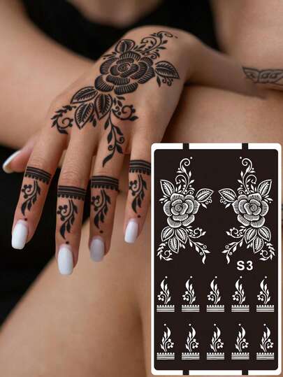 Hana Hand-Drawn Hollow Floral Tattoo Stencil - Sexy Floral Pattern, Suitable For Hands, DIY Painting, Ink, Reusable Mandala Design Template Stickers, Suitable For Women Body Party Makeup