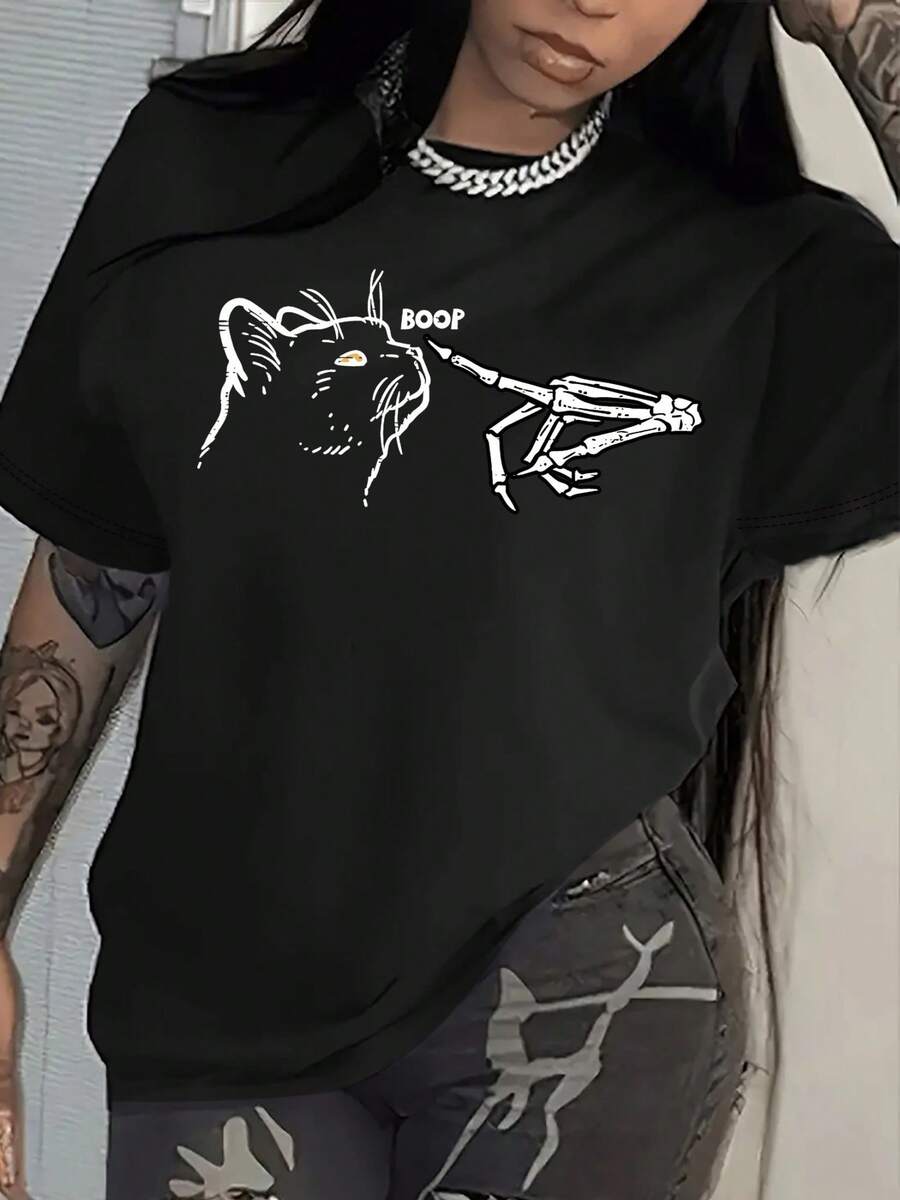 Women's Bold Gothic Cat And Skull Hand Print T-Shirt - Bold Hand Symbol Crew Neck Short Sleeve Summer Top, Durable Casual Shirt For Casual Wear And Layering-X