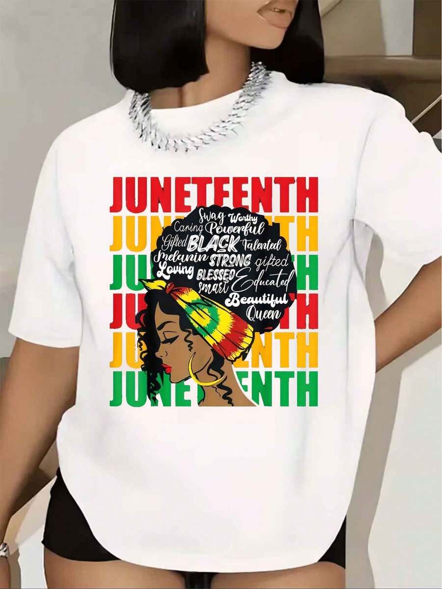 Women T Shirt Juneteenth Queen With Hair And Inspirational Words Print Short Sleeve Round Neck For Juneteenth Celebration Party 220g - trắng - Xem 1