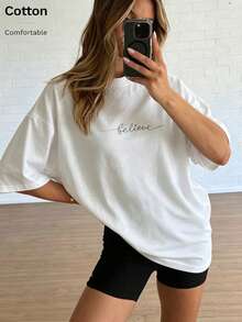 T-shirt décontracté pour femme blanc avec imprimé << Believe », épaules tombantes, manches courtes, col rond, top long en coton pour le streetwear quotidien, l'extérieur, Y2K - Blanc - Voir 6