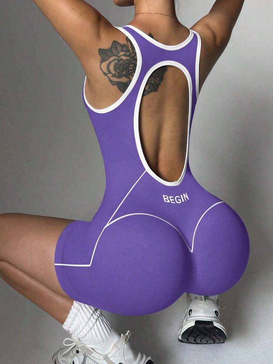 Dewbera Sleeveless Backless Jumpsuit With Contrasting Trim - Purple - View 1