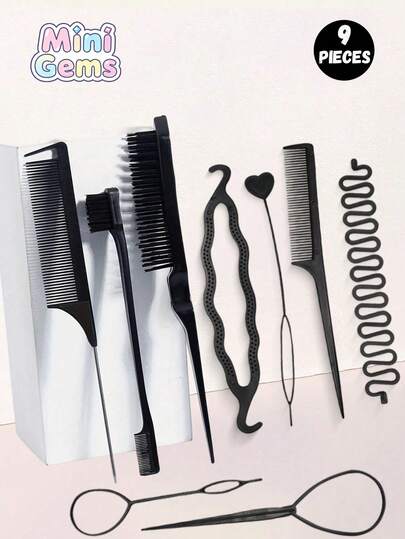 9pcs Hair Styling Brush Set, Portable Straightener Kit, Slouchy Bun & Chignon Hairstyle Straightener, Hair Braiding Accessories