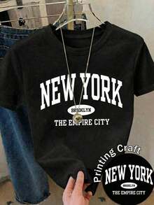 Camiseta de manga corta para mujer, estilo casual, con estampado gráfico de Nueva York, cuello redondo, corte regular, de poliéster con ligera elasticidad para estilo urbano y de ocio. - Negro - Ver 2