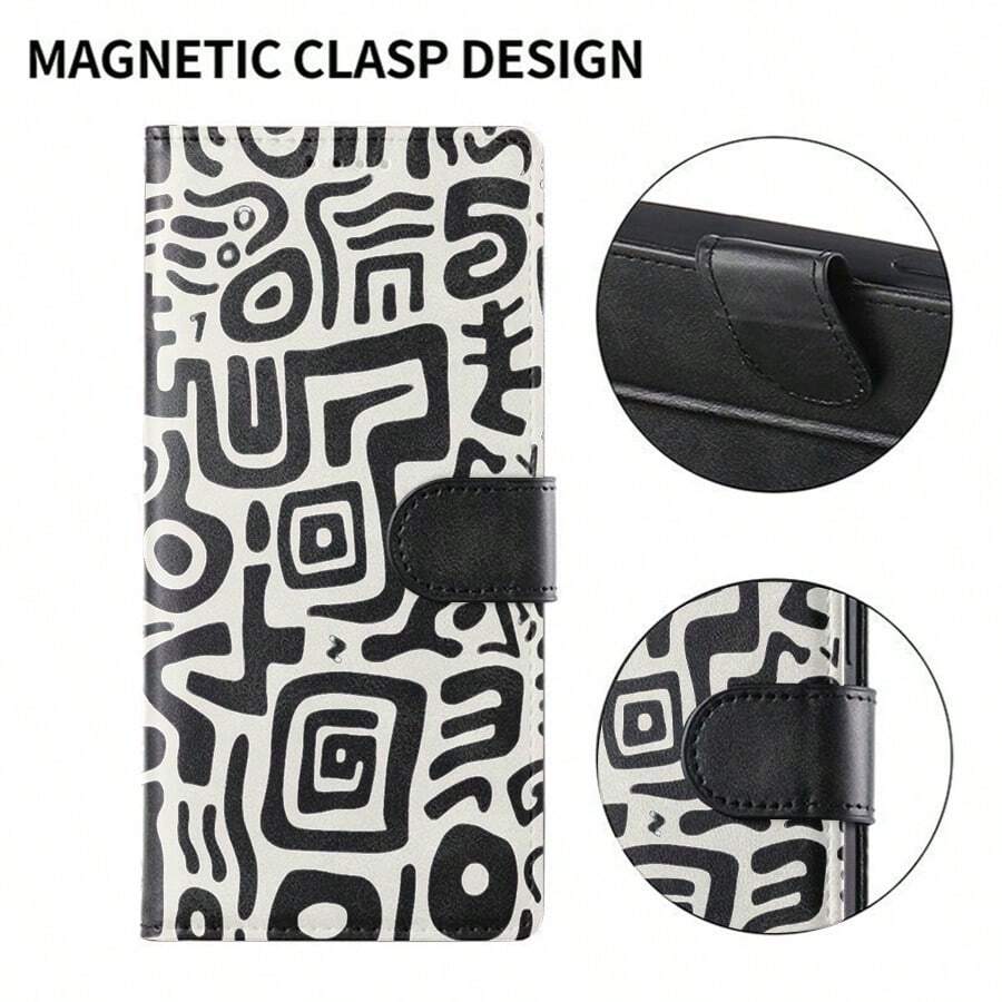 Wavy Checkered Flag Pattern Faux Leather Wallet Case For IPhone 17/16 Pro Max/15/14/13/12/11/ Galaxy Phone Cases|Slim Shockproof TPU With 3 Card Slots|Gift Idea- Replace Your Wallet - 深黑 4 - 查看 1
