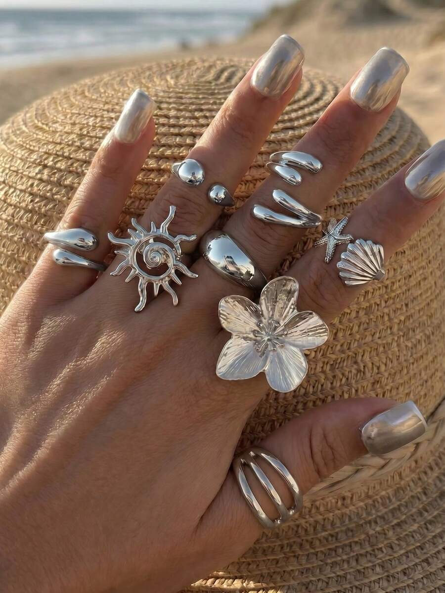 8pcs/Set Silver-Plated Bohemian Sunflower, Flower, Shell, Starfish Stackable Rings Set, Suitable For Vacation, Adult Gift - Silver - View 1