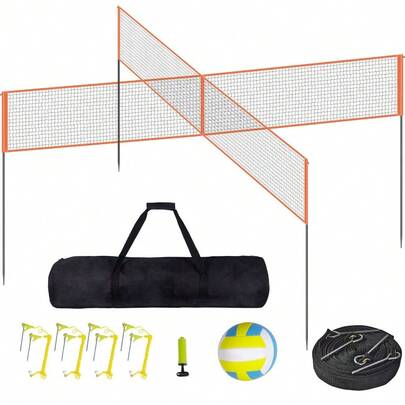 4-Way Volleyball Net Set With Adjustable Height For Backyard Beach Lawn Outdoor Portable Badminton Net In Black And White Quick Assemble Game Set For And Adults With Carrying Bag