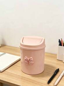 Decorative Bow Tie Mini Desktop Trash Can With Lid, Plastic Rotating Cover, Non-Electric Cylindrical, Suitable For Home, Office, Kitchen, Bedroom Vanity And Daily Use - Multicolor - View 5