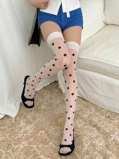1 Pair Velvet Round Black Polka Dot Thigh High Stockings, Thin Fashionable Over-The-Knee Socks Suitable For Spring/Summer, Versatile Lolita Style