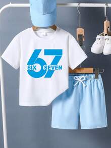 2pcs/Set Young Boy Numeric Print Short Sleeve T-Shirt And Shorts Casual Outfit - White - View 2