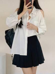 Áo sơ mi nữ kẻ sọc, trễ vai, buộc dây phía trước, kiểu dáng thường ngày, màu trắng. - trắng - Xem 7