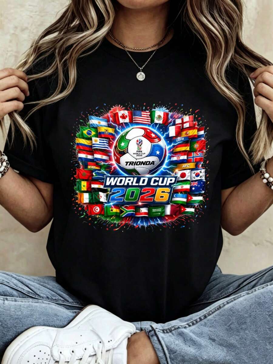World Cup 2026 Flags Soccer Ball Women's T-Shirt World Cup 2026 Short Sleeve Crew Neck Casua - màu đen - Xem 1