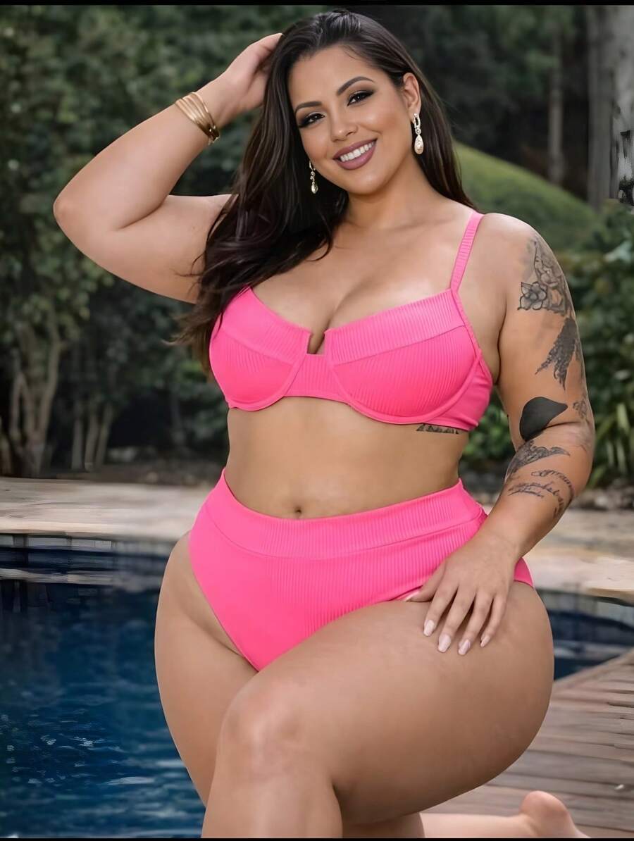 Plus Size Half Cup Bikini Set With High Waist And Adjustable Ties - Ana Ruga Women's - rosa neón - Ver 1