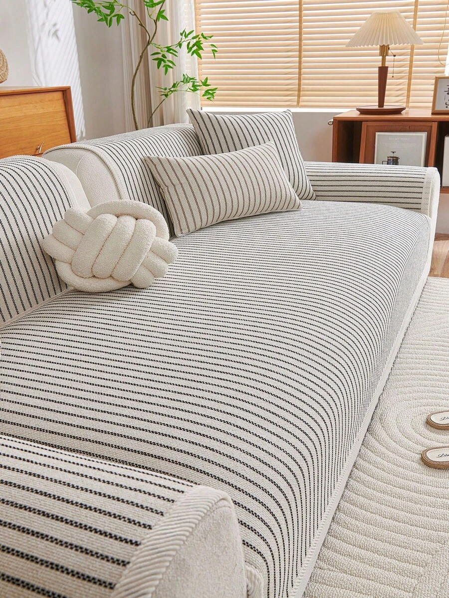 1 pièce Housse de coussin de canapé toutes saisons, protecteur de siège de canapé à motif rayé vertical, housse de canapé anti-rayures pour animaux de compagnie, lavable en machine, décoration de pièce, housse de canapé adaptée aux canapés d'angle, canapés 1 place, canapés 2 places, canapés 3 places, canapés 4 places, canapés d'angle (vendu séparément) - Noir - Voir 1