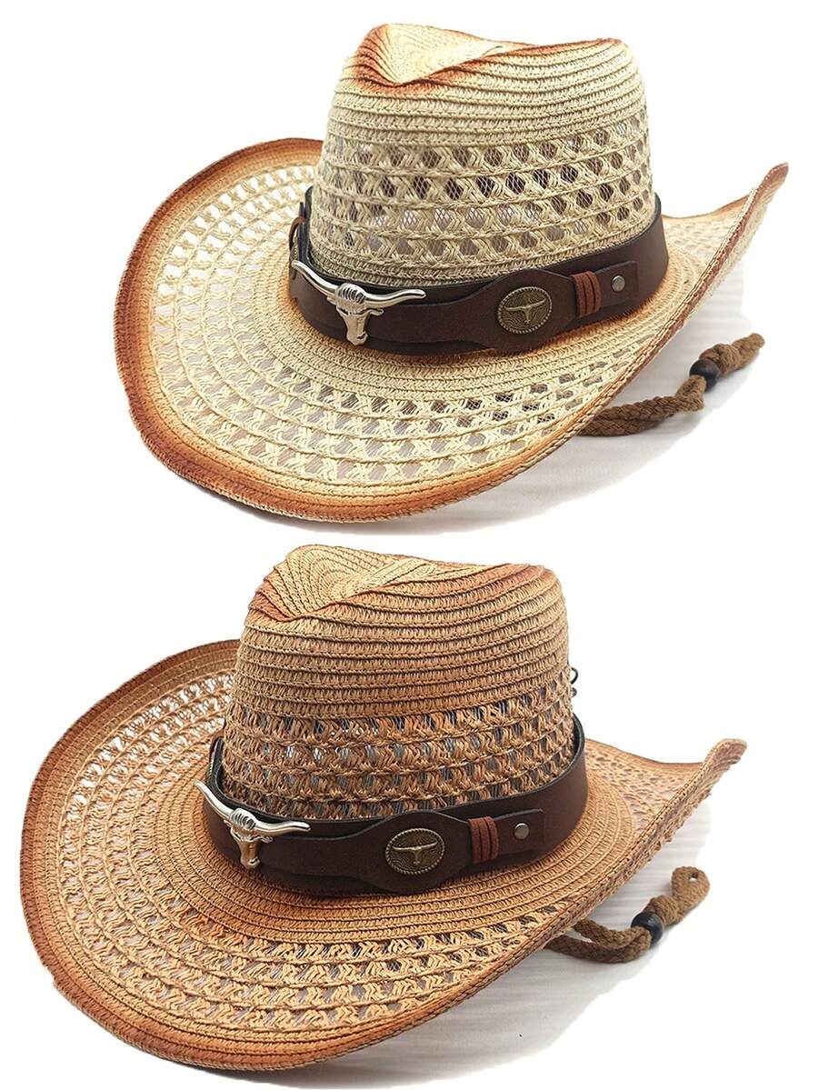 Mũ cao bồi miền Tây unisex bằng rơm, mũ rộng vành che nắng với sừng dài trang trí, mũ Panama dệt rỗng thoáng khí có dây buộc cằm, mũ cao bồi mùa hè phối màu gradient, thích hợp cho kỳ nghỉ, du lịch. - Nhiều màu - Xem 1