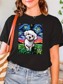 Maltese Poodle Dog Print T-Shirt, Short Sleeve, Crew Neck, Casual Top For Summer And Spring, Women's Clothing-X - Black - View 1
