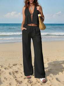 2 piezas Conjunto casual de vacaciones para mujer con top halter sin espalda y pantalones en color caqui tejido - Negro 2 - Ver 6