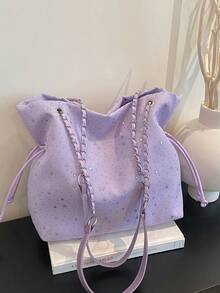 2026 New Vintage PU Chain Drawstring Magnetic Closure Bucket Bag, Unique Design Shoulder Crossbody Bag For Women, Autumn - Purple - View 1