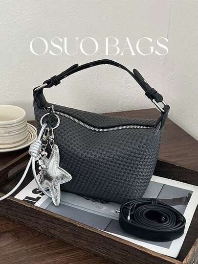 1pc Solid Color PU Faux Woven Handbag, Vintage Style Fashion Dumpling Bag With Crescent Shape, Decorated With Star Pendant, Top Handle And Zipper Closure, Suitable For Daily Use And Outings