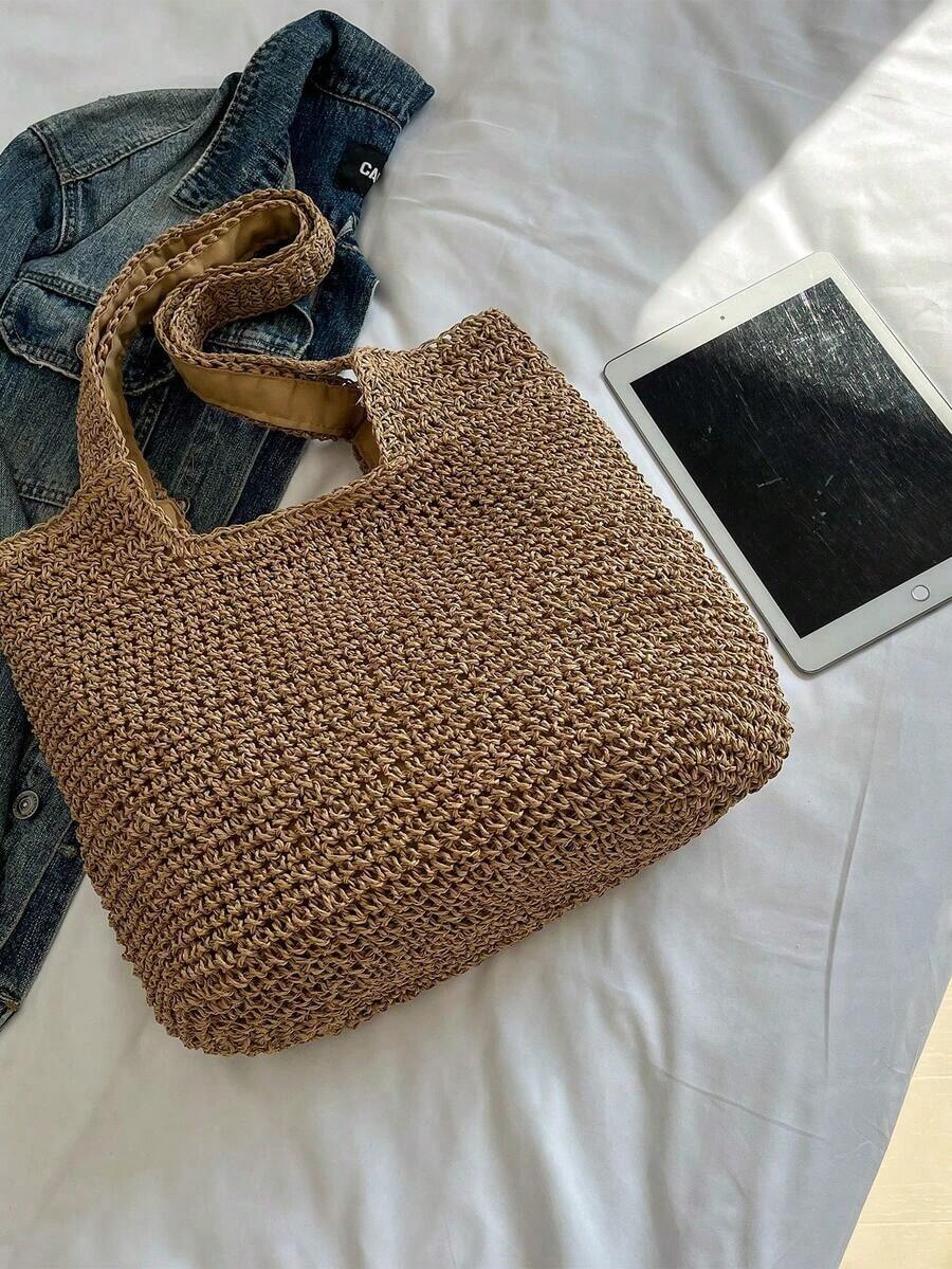Minimalist Straw Bag Double Handle Vacation Large Capacity Beach Bag, Beach Purse, Perfect For Summer, Vacation & Daily Use, Travel Must Haves - 卡其色 - 查看 1