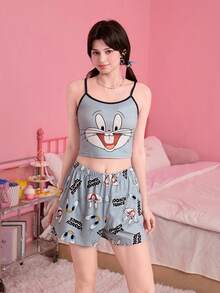 Noctvar OBM Sleepwear X LOONEY TUNES Bộ đồ ngủ gồm áo hai dây và quần short in hình hoạt hình chó Bulldog Mỹ cổ điển, phối màu tương phản, đồ ngủ ngọt ngào và thoải mái dành cho nữ. - Nhiều màu - Xem 6